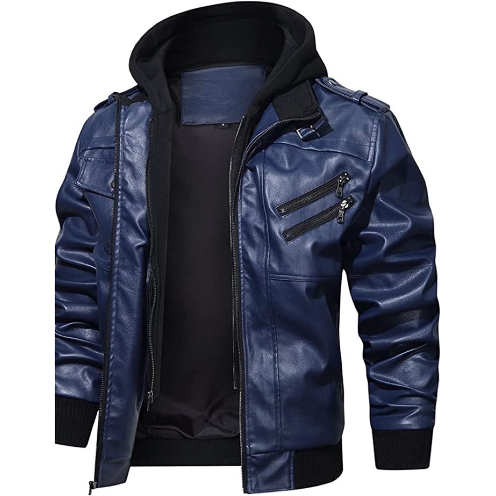 New Men's Removable Hood Vegan Leather Coat